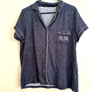 Rae Dunn Dream Pajama PJ Top Sleep Shirt Short Sleeve Blue/Gray Collar Button L